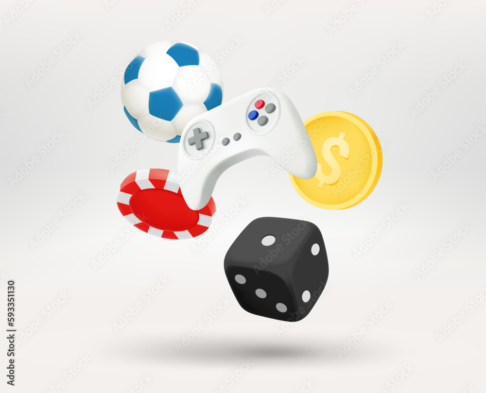 Poster Gambling concept with different game elements. 3d vector illustration