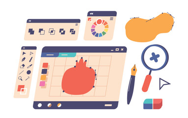 Set Of Graphic Designer Tools, Eraser, Tablet Pc, Magnifier, Stylus, And Software Ready For Creating Vector Designs