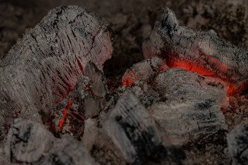 Wood fire. Burning embers with bright color. Wood fire with hot embers and ashes. Background dedicated to the barbecue and the flames in the fire similar to lava and burning coal in a fireplace.