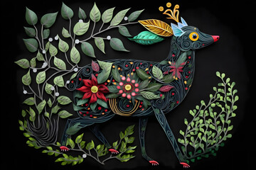 Deer paperquilling, animal with leaves and flower