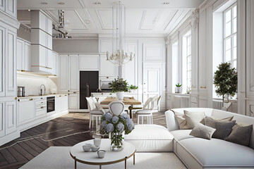 Fototapeta na wymiar Interior of luxury home, art deco modern trendy living room in white colors, ai generative