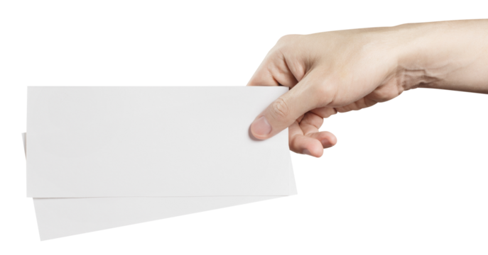 Male hand holding two blank sheets of paper (tickets, flyers, invitations, coupons, banknotes, etc.), cut out