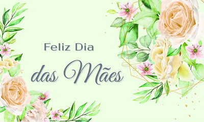 cartão ou banner para desejar um feliz dia das mães em cinza sobre fundo verde com flores de cada lado nas cores rosa, amarelo e salmão