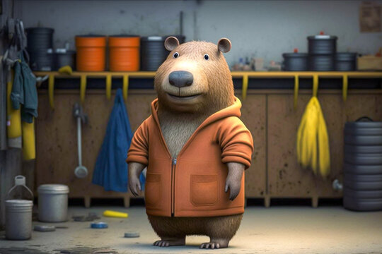 Cartoon Capybara wearing overalls curiously looking at viewer in the garage. Male Capybara automotive technician, repair vehicle concept. Fictional model and place. Made with Generative AI