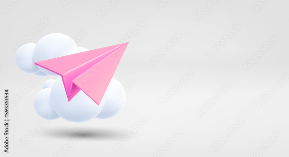 Aufkleber pink plane with clouds. 3d vector banner with copy space