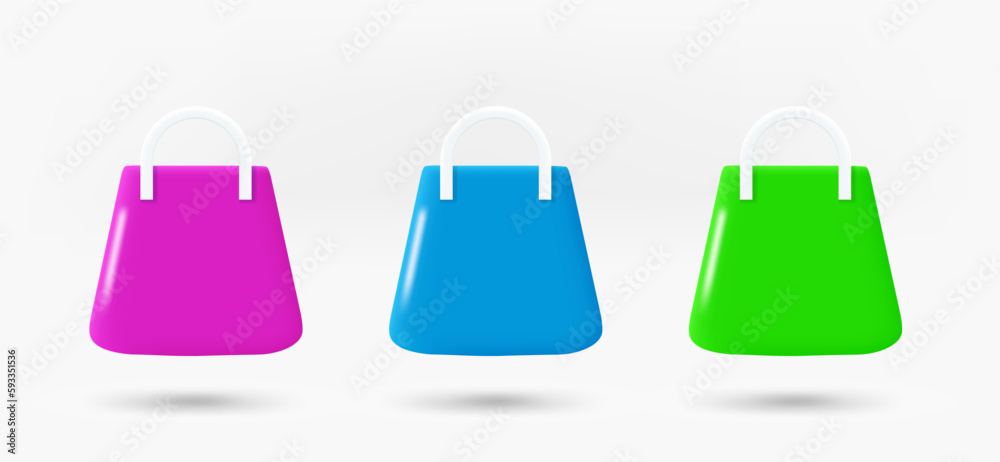 Poster Different color shopping bag icons collection. 3d vector isolated on white background