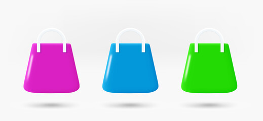 Different color shopping bag icons collection. 3d vector isolated on white background