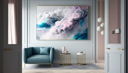 Interior of luxury home, mid century modern trendy living room, illustration