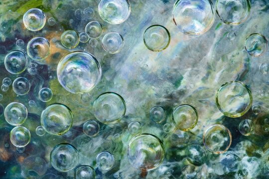 A motorboats waves and bubbles in the water seem round from above. Generative AI