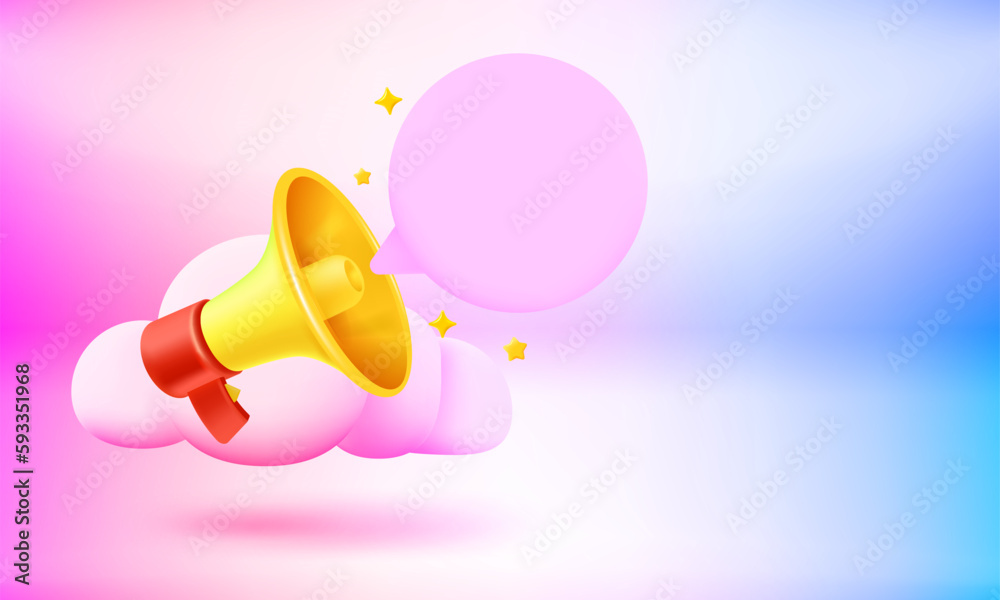 Poster Loud speaker with speech cloud. 3d vector banner with copy space