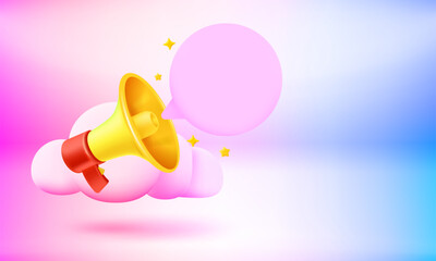 Loud speaker with speech cloud. 3d vector banner with copy space