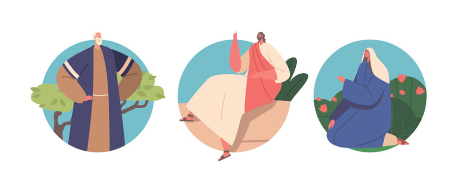 Isolated Round Icons With Jesus Delivered The Sermon On The Mount, Teaching His Followers The Beatitudes