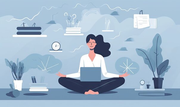  a woman sitting on the floor with a laptop in front of her and a lot of books on the wall behind her and a clock on the wall behind her.  generative ai