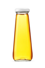 Small glass twist off bottle with apple juice closed with metal screw cap isolated on white.