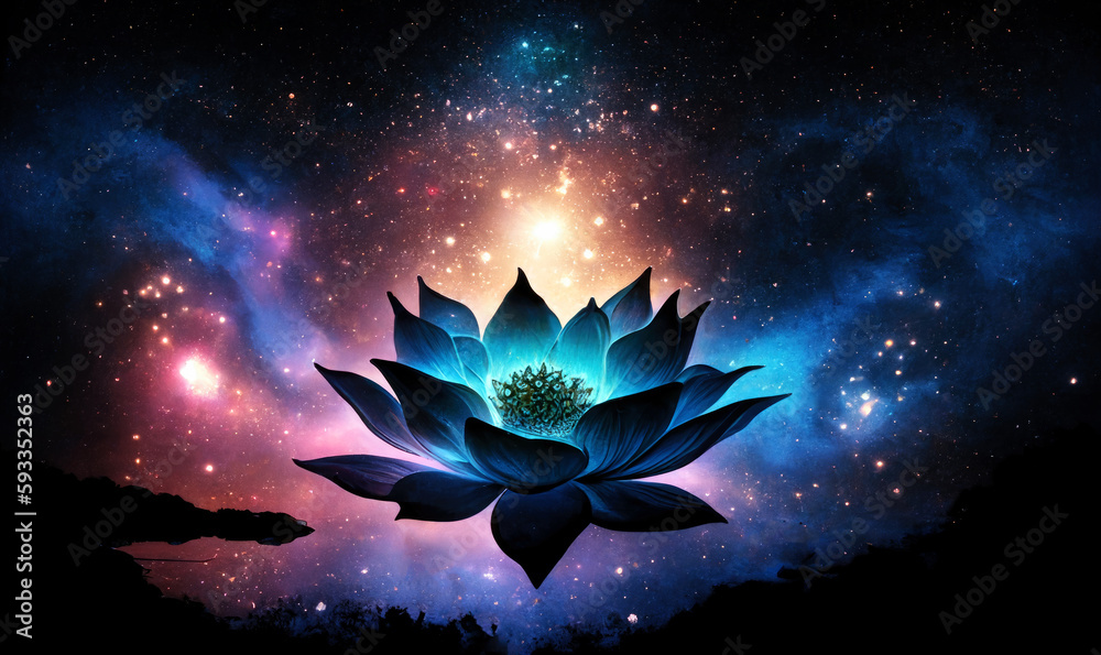 Poster beautiful lotus flower in cosmic space. generative ai.