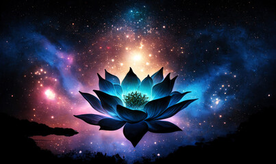 Beautiful lotus flower in cosmic space. generative ai.
