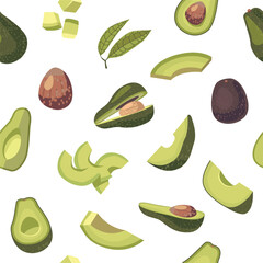Seamless Pattern With Avocado Features Green Fruits With Textured Skin And Brown Seed. Repeating Pattern