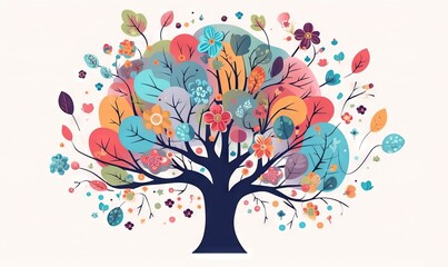  a colorful tree with lots of leaves and flowers on it's branches, with a white background and a white back ground with a white back ground.  generative ai
