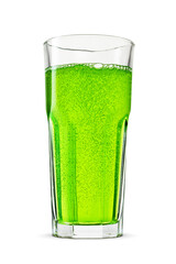 Faceted glass of green soda soft drink isolated on white background. Taste of lime, apple, mint or Tarkhuna.