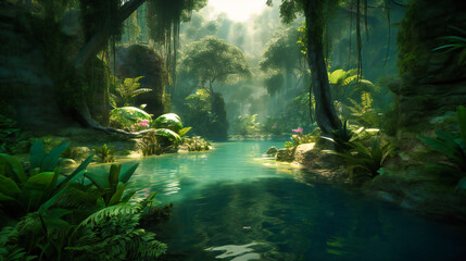An Asian tropical forest in shaded environment - obrazy, fototapety, plakaty