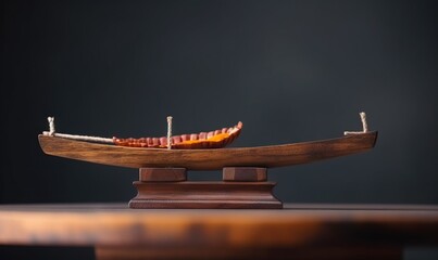  a wooden boat with a wooden stand on a table with a black background and a black wall in the back ground and a wooden table with a wooden stand with a small boat on it.  generative ai