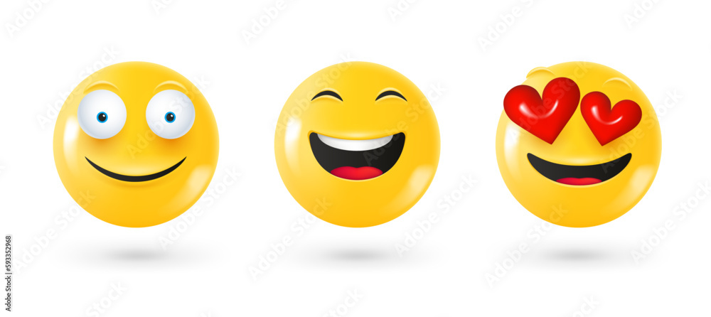 Poster different facial emoticons 3d vector set. emoji isolated on white background with shadow