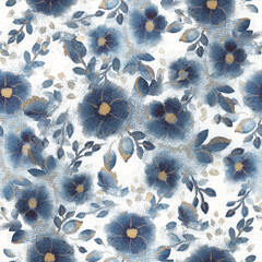 Abstract seamless pattern with blue color flowers. Modern creative design watercolor painting.