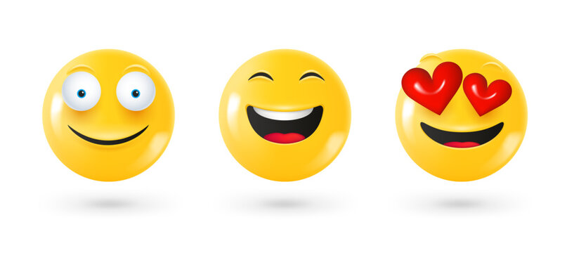Different facial emoticons 3d vector set. Emoji isolated on white background with shadow