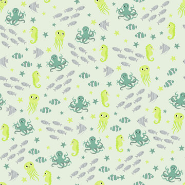 Vector seamless pattern with clownfish,seahorse,jellyfish,octopus,scalaria fish.Underwater cartoon creatures.Marine background.Cute ocean pattern for fabric,childrens clothing,textiles,wrapping paper