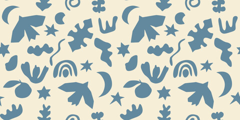 Abstract art background with seamless doodle pattern in Matisse style. Geometric organic shapes for decoration design, print, textile, poster, wallpaper, interior design, poster.