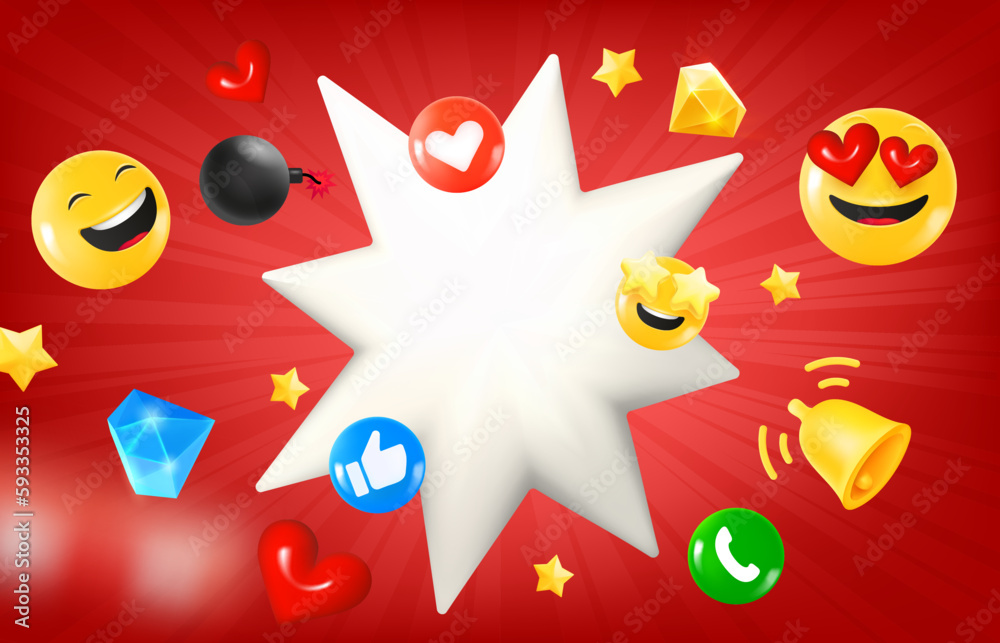 Poster Social media concept with flying elements and flash with copy space. 3d vector illustration
