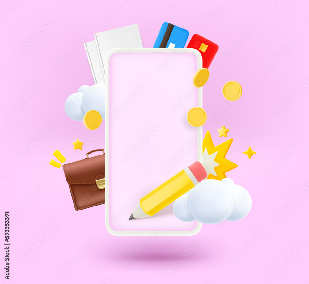 Poster Modern smartphone with business elements and blank screen. 3d vector illustration
 