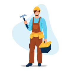 Vector illustration of a handsome builder. Cartoon scene with smiling builder holding construction tools in hands in work clothes and hard hat isolated on white background.