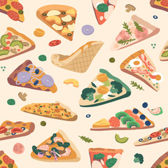 Seamless Pattern Features An Array Of Colorful Pizza Slices Set on Beige Backdrop, Creating Playful Design for Paper