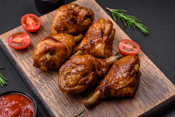 Delicious grilled chicken legs with spices and herbs in teriyaki sauce