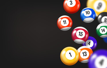 Falling pool billiard balls. 3d vector banner with copy space