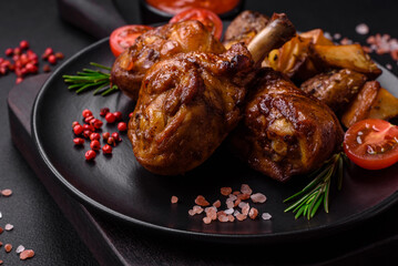 Delicious grilled chicken legs with spices and herbs in teriyaki sauce