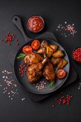 Delicious grilled chicken legs with spices and herbs in teriyaki sauce