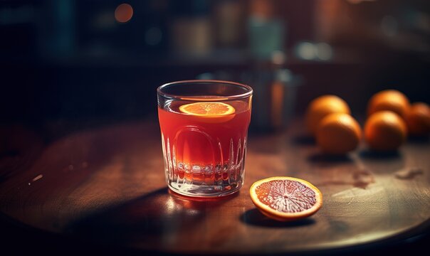  a glass of blood orange juice on a table with oranges.  generative ai