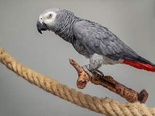 Full body portrait of a gray parrot sitting on a branch