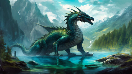 An enormous blue dragon standing in a lake near mountains - obrazy, fototapety, plakaty