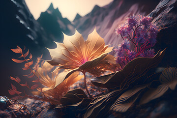 Fototapeta na wymiar Fantasy Flower In Mountain, plant and leaves floral background 