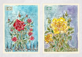 Vintage watercolor postcards with roses 
