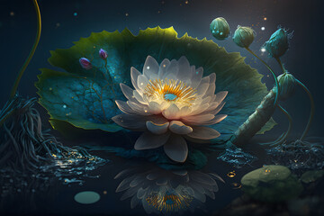Fototapeta na wymiar Fantasy Flower In Pond, plant and leaves floral background 