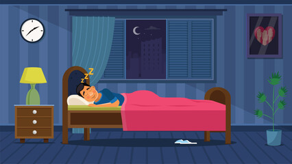 young man sleeping in his bedroom dream, arab   Illustration. - Vector 