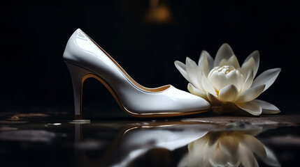 White and golden High heels women`s shoes. 