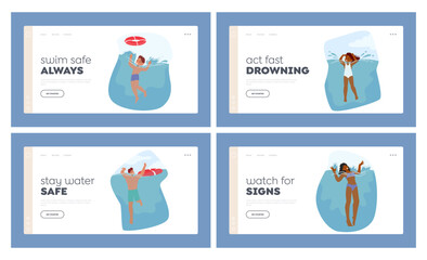 People Flail In Water Landing Page Template Set. Characters Struggling To Stay Afloat And Gasping For Air