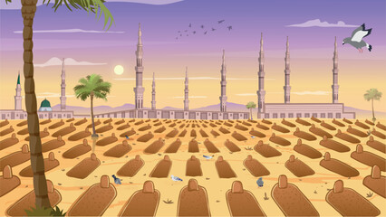 View of Baqee' Muslim cemetary at Masjid (mosque) Nabawi in Al Madinah and the bathroom , Kingdom of Saudi Arabia illustration  