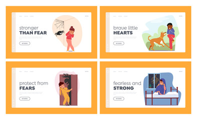 Children Fears Landing Page Template Set. Little Boys and Girls Character Afraid of Darkness, Monsters, Thunderstorm