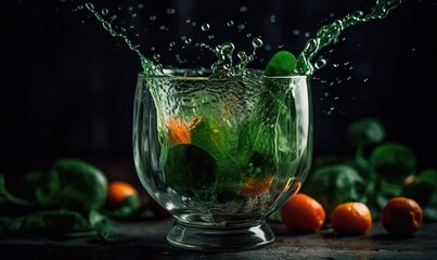  a glass filled with water and oranges on a table.  generative ai